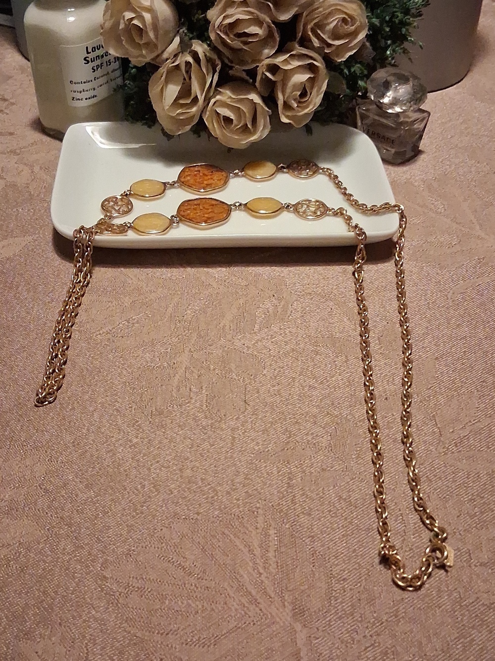 Sarah Coventry Gold Tone Necklace with Brown and Cream Discs 26"